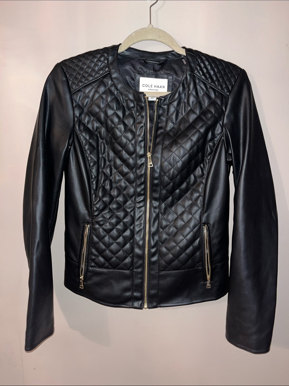 Cole Haan Signature Collarless Diamond-Quilted Faux Leather Moto Jacket small